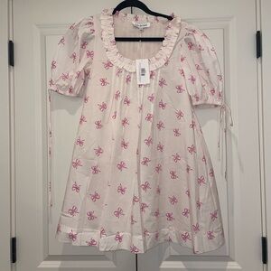 Worth Collective Minnie 100% Cotton Bow Print Babydoll Dress in Pink, Bow Print
